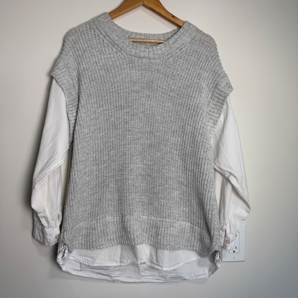 Pink Rose Mixed Media Sweater Vest Layered Shirt Grey White Womens XL Preppy